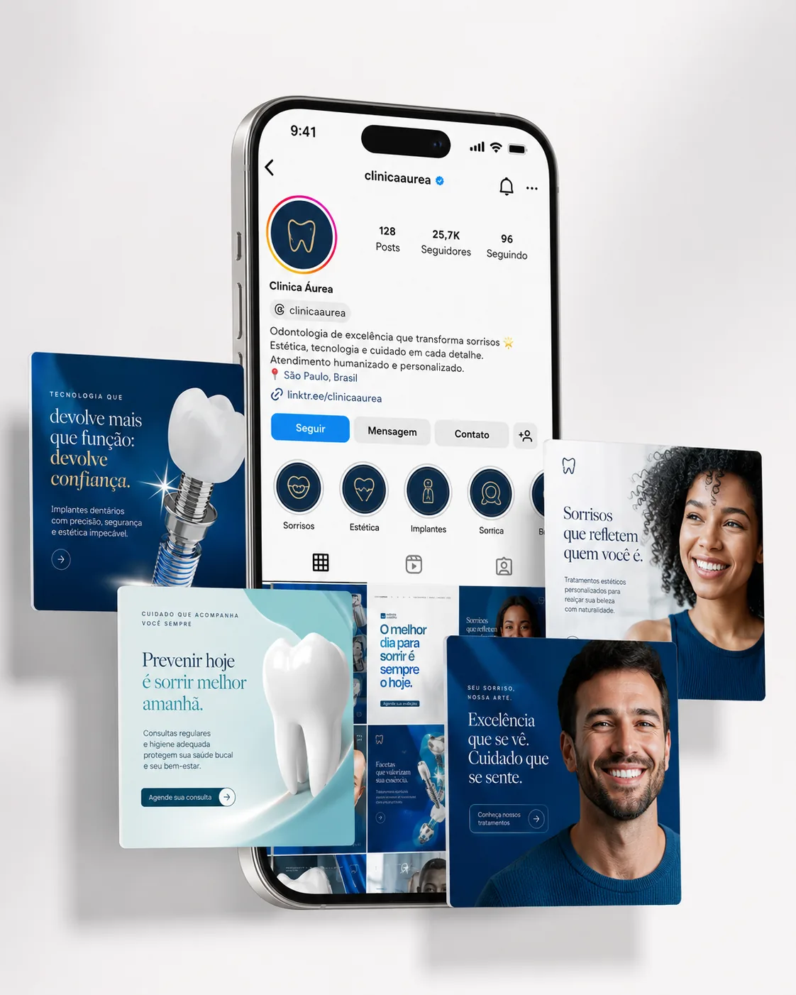 Mockup de perfil de Instagram de clínica odontológica com posts profissionais ao redor